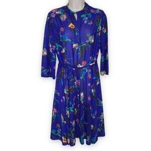 Vintage Sears The Fashion Place 1970s Blue Floral Secretary Dress Women Size 14P